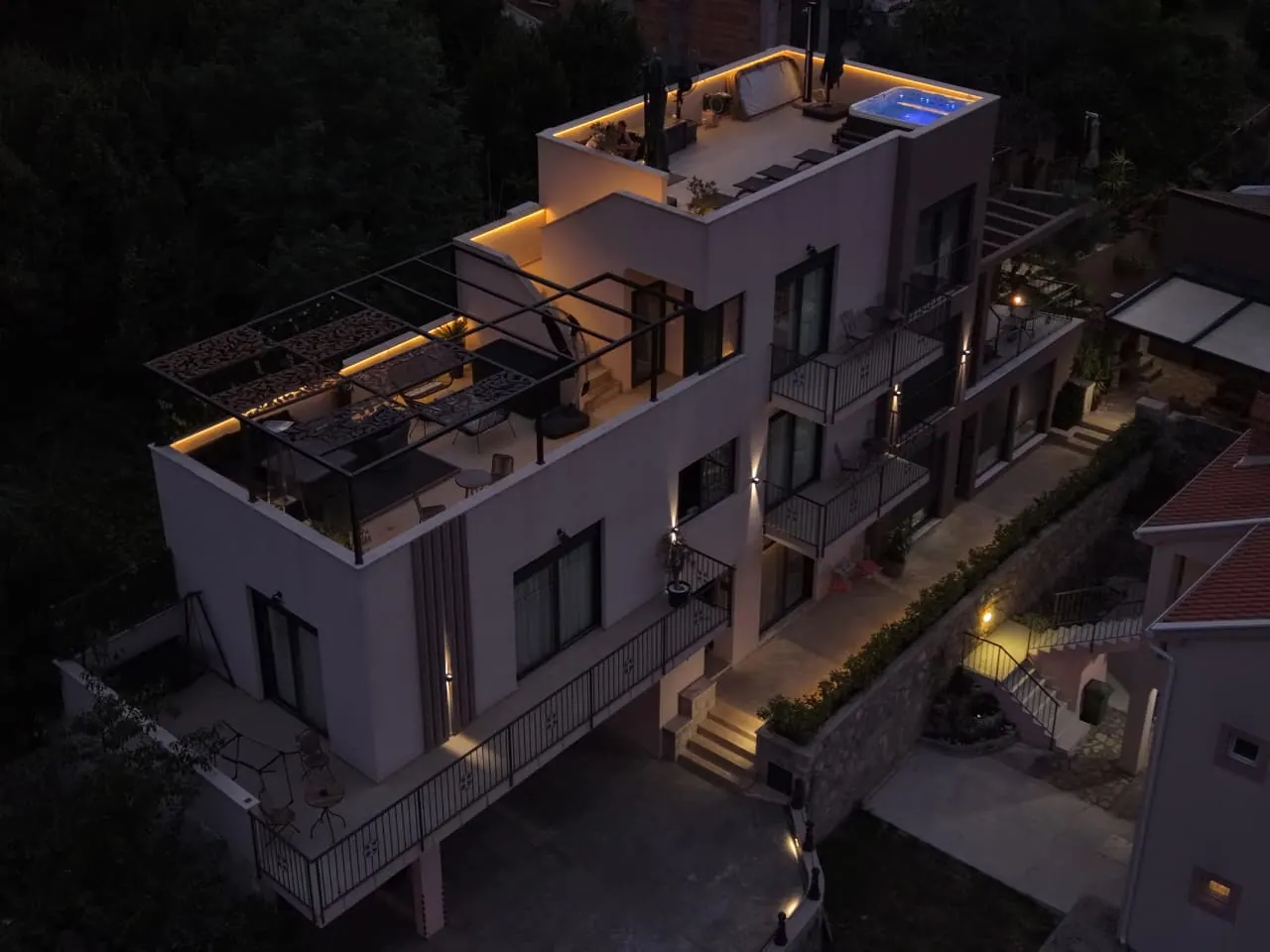 Building facade and balconies at night